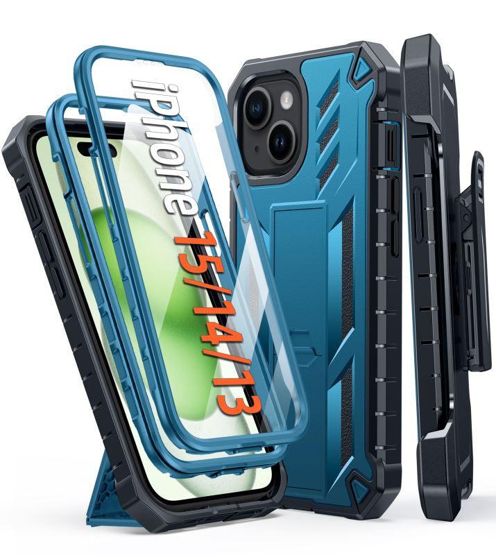 iPhone 15 Phone Case with Belt-Clip Holster and Kickstand Blue