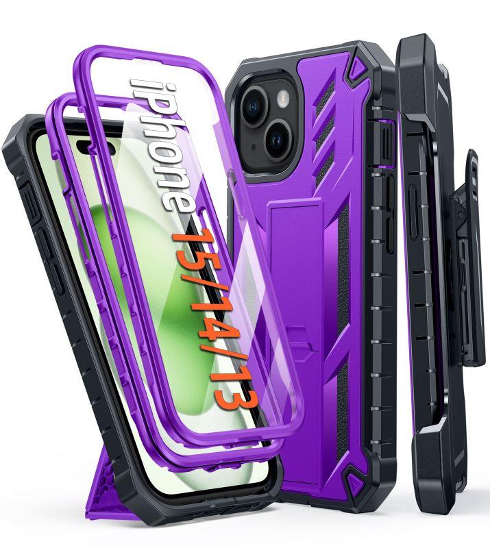 iPhone 15 Phone Case with Belt-Clip Holster and Kickstand Purple