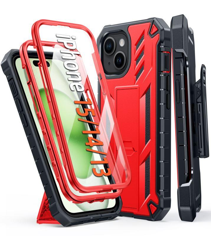 iPhone 15 Phone Case with Belt-Clip Holster and Kickstand Red