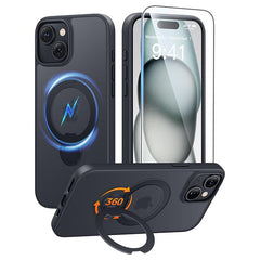 iPhone 15 Plus/14 Plus Case: 360° Spin Magnetic Stand, MagSafe, Screen Protector, Translucent Matte Military Grade Shockproof Full Camera Protective Phone Cover
