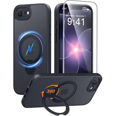 iPhone 17e/16e Case: 360° Spin Magnetic Stand, MagSafe, Screen Protector, Translucent Matte Military Grade Shockproof Full Camera Protective Phone Cover