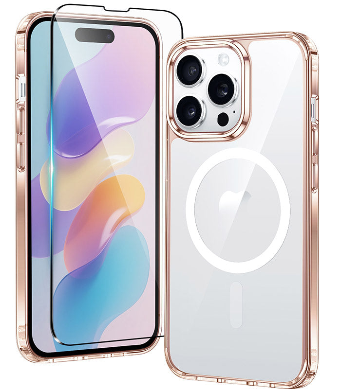 Smartphone with a clear case and screen protector on a white background