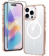 Smartphone with a clear case and screen protector on a white background