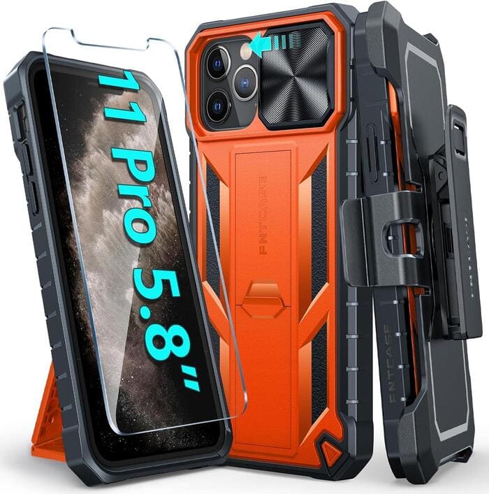 iPhone 11 Pro Dual Protective Phone Case with Belt Clip and stand Orange FNTCASE