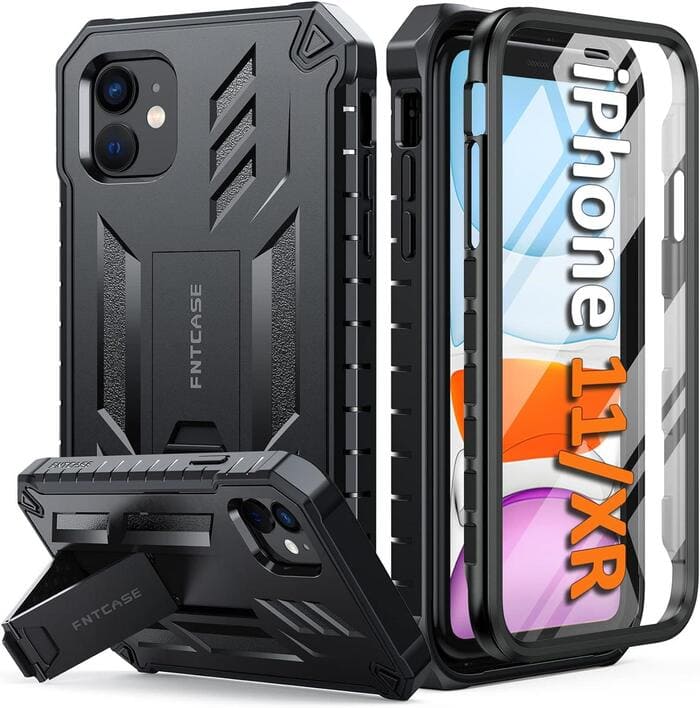 iPhone 11 iPhone XR Case with Built-in Screen Protector Kickstand Black FNTCASE