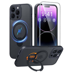 iPhone 14 Pro Max Case: 360° Spin Magnetic Stand, MagSafe, Screen Protector, Translucent Matte Military Grade Shockproof Full Camera Protective Phone Cover