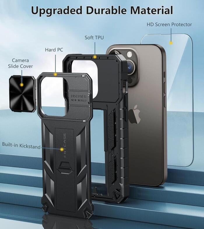iPhone 14 Pro 13 Pro Phone Case with Camera Cover and Kickstand FNTCASE