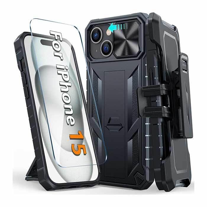 Rugged Protective iPhone 15 Phone Case with Belt Clip Holster