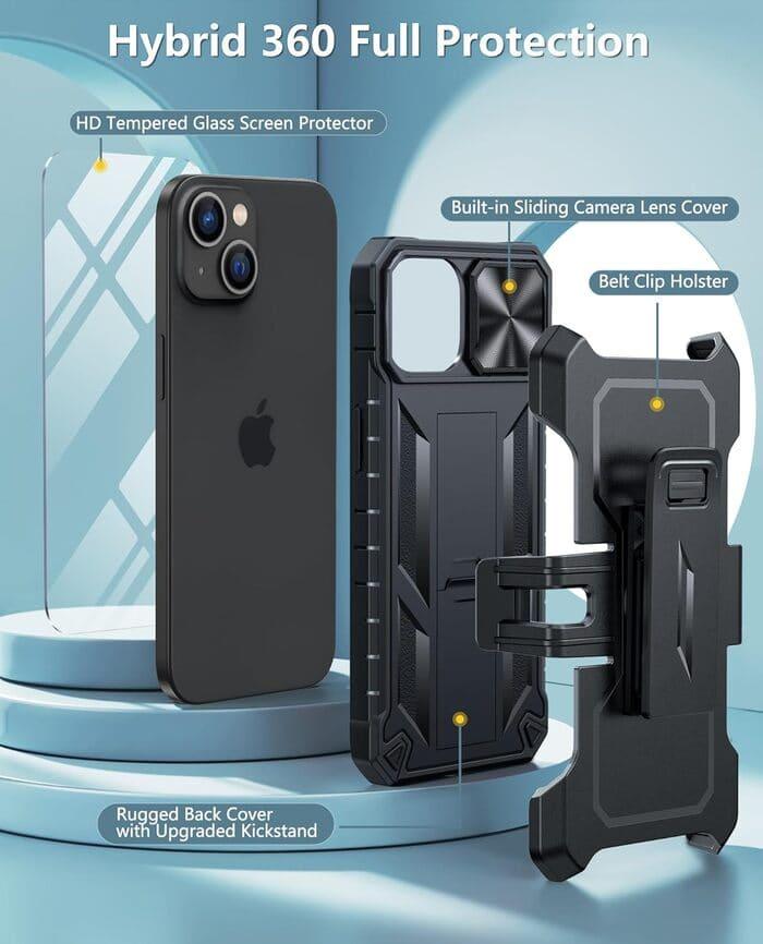 Rugged Protective iPhone 15 Phone Case with Belt Clip Holster