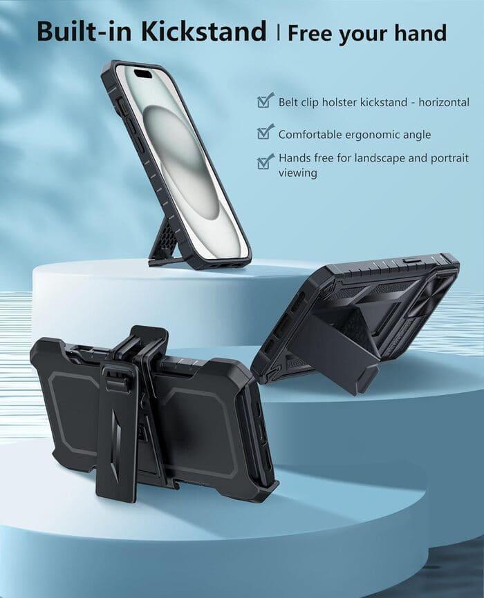 iPhone 15 6.1 inches Case: Rugged Protective Phone Case with Belt Clip Holster, Sliding Camera Lens Cover, and Kickstand FNTCASE OFFICIAL iPhone 15 6.1 inches Case: Rugged Protective Phone Case with Belt Clip Holster, Sliding Camera Lens Cover, and Kickstand FNTCASE OFFICIAL
