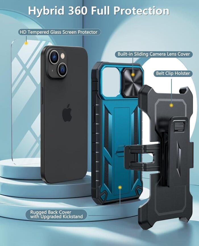 iPhone 15 6.1 inches Case: Rugged Protective Phone Case with Belt Clip Holster, Sliding Camera Lens Cover, and Kickstand - FNTCASE OFFICIAL