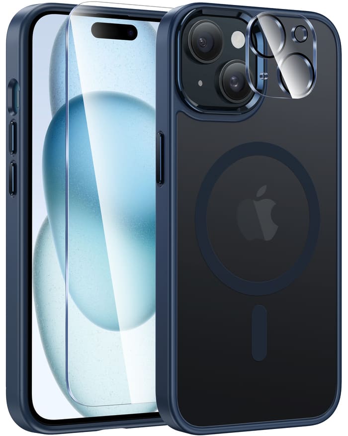 iPhone 15 Phone Case: Magnetic Clear Case with Camera Lens Cover Matte Blue