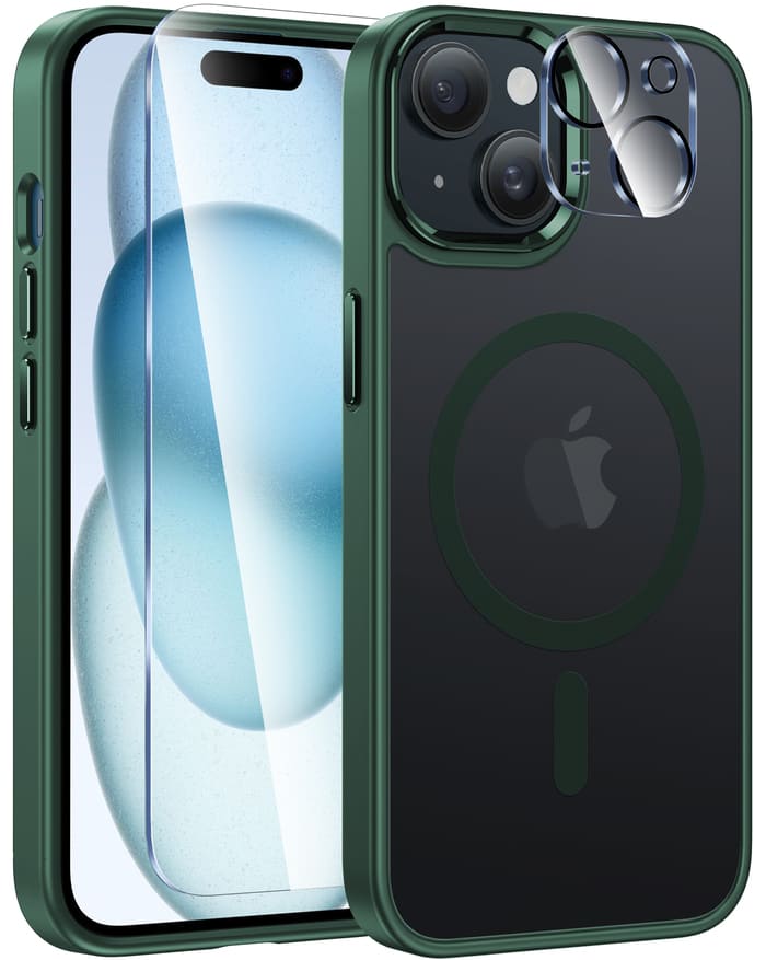iPhone 15 Phone Case: Magnetic Clear Case with Camera Lens Cover Matte Green
