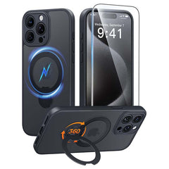 iPhone 15 Pro Case: 360° Spin Magnetic Stand, MagSafe, Screen Protector, Translucent Matte Military Grade Shockproof Full Camera Protective Phone Cover
