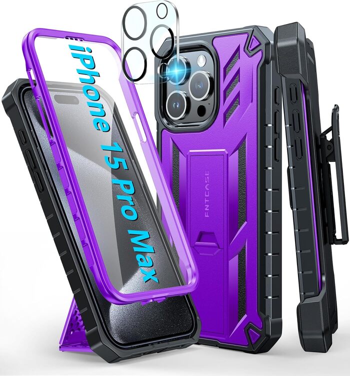 iPhone 15 Pro Max Phone Cover with Built-in Screen Purple FNTCASE