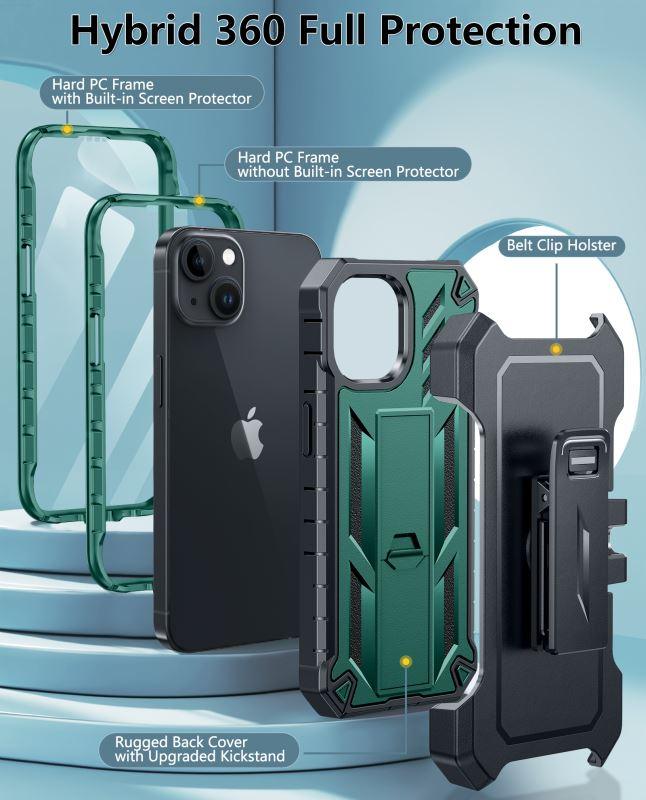 iPhone 15 Phone Case with Belt-Clip Holster and Kickstand