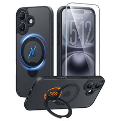 iPhone 16 Case: 360° Spin Magnetic Stand, MagSafe, Screen Protector, Translucent Matte Military Grade Shockproof Full Camera Protective Phone Cover