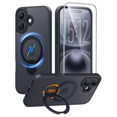 iPhone 16 Plus Case: 360° Spin Magnetic Stand, MagSafe, Screen Protector, Translucent Matte Military Grade Shockproof Full Camera Protective Phone Cover