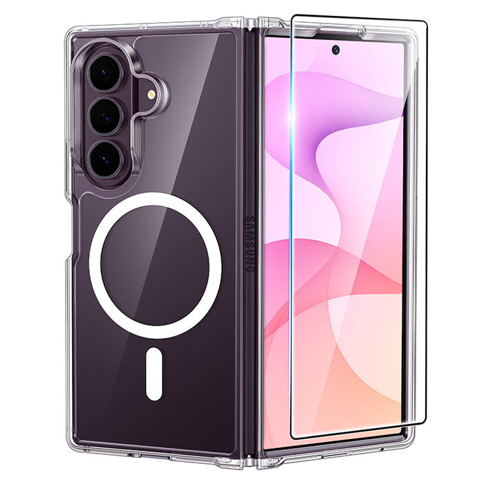 A clear protective case for a Samsung smartphone, shown open to display the back with a large white MagSafe-style ring and a transparent screen protector leaning against the front.